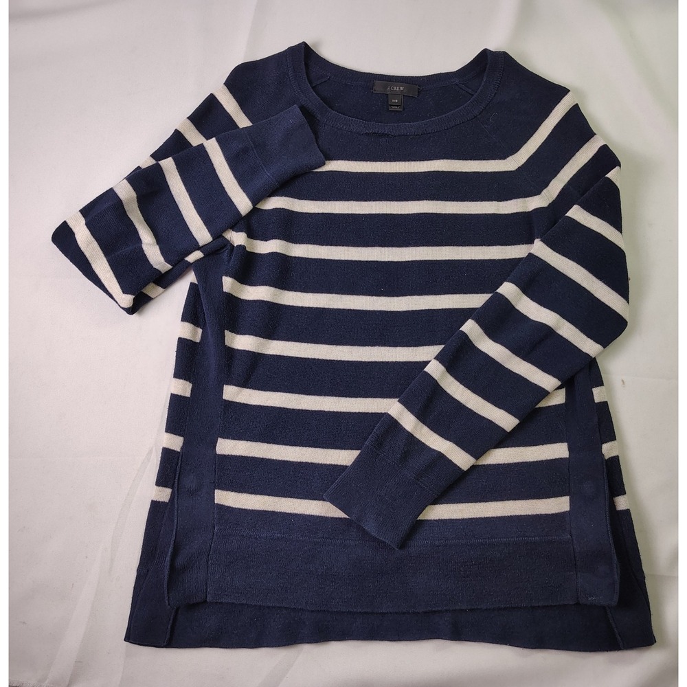 J.Crew Womens XXS Stripe Cotton Knit Side‎ Button Crewneck Pullover Sweater Navy